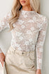 Sheer Floral Lace Mesh Mock Neck Elegant Long Sleeve Fitted Top